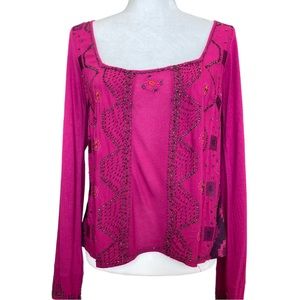 Free People Women's fuchsia pink long bell sleeve embroidered top, Sz S